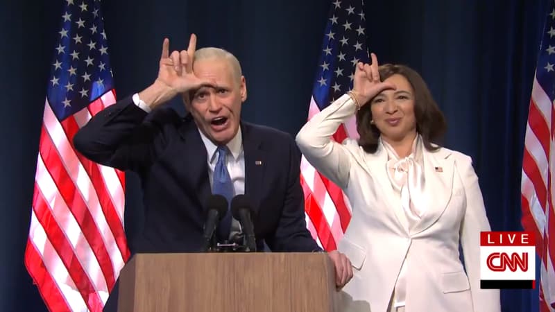 Jim Carrey en Joe Biden et Maya Rudolph en Kamala Harris dans "Saturday Night Live"
