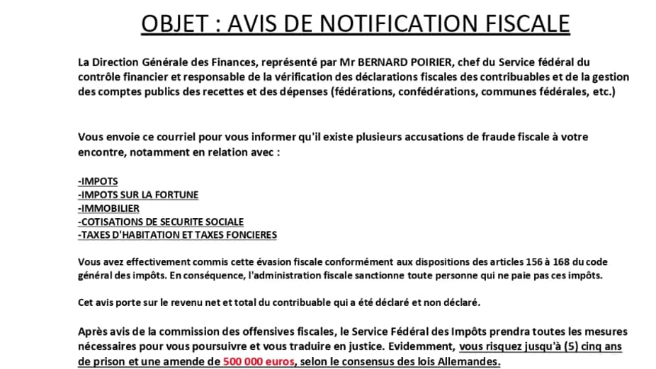 Exemple d'un mail frauduleux d'accusation de fraude fiscale