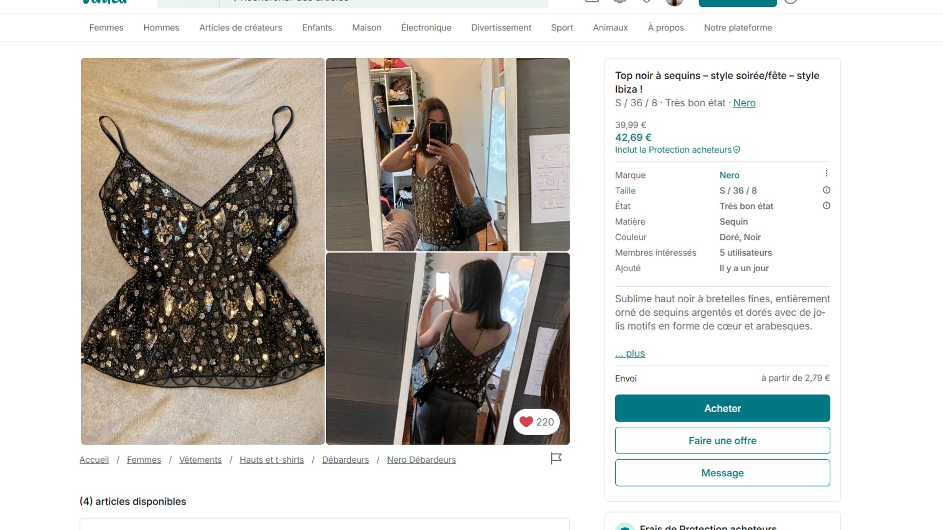 Top noir vendu sur Vinted à 39,99 euros