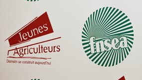 Les logos des syndicats agricoles français FNSEA et Jeunes agriculteurs, photographiés lors d'une conférence de presse à Paris, le 13 février 2024 (photo d'illustration).