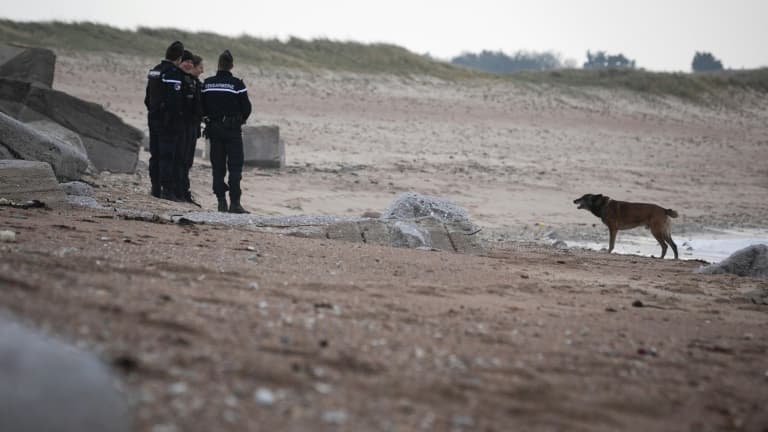 Des gendarmes de l'unité cynophile en patrouille sur la plage de Néville-sur-Mer après que plusieurs sacs de cocaïne ont été découverts échoués sur le littoral, le 2 mars 2023 dans La Manche
