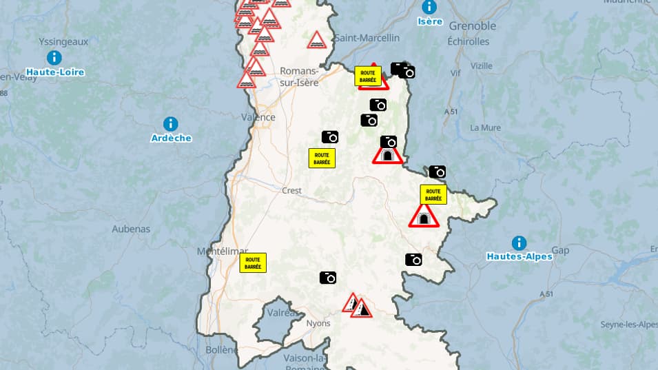 Carte des routes inondées dans la Drôme lundi 18 septembre 2023. Carte des routes inondées dans la Drôme lundi 18 septembre 2023.
