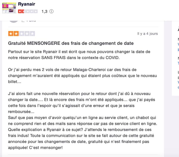 Exemple de critique exprimée sur TrustPilot Exemple de critique exprimée sur TrustPilot