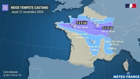 La carte des chutes de neige en France le jeudi 21 novembre 2024.