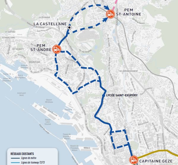 Des schémas alternatifs (en pointillés bleus) ont émergé pour le tracé du tramway à Marseille.
