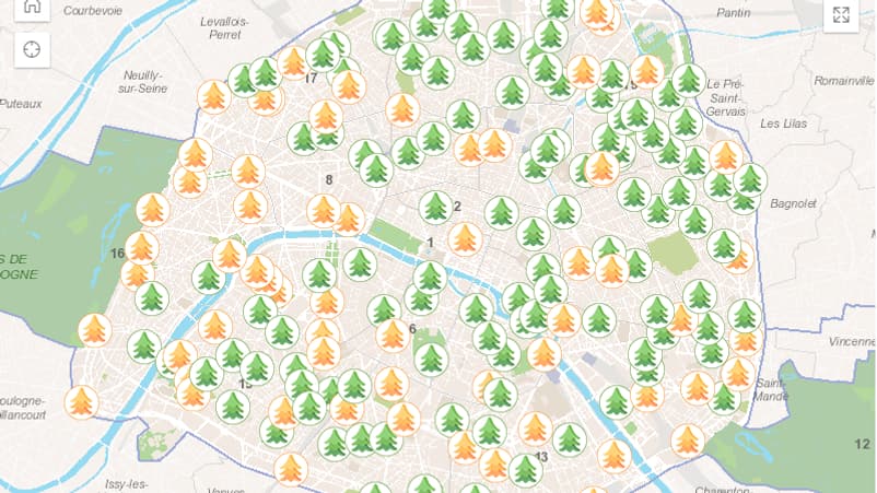 Capture d'écran de la carte des points de collecte des sapins mis en place par la mairie de Paris.