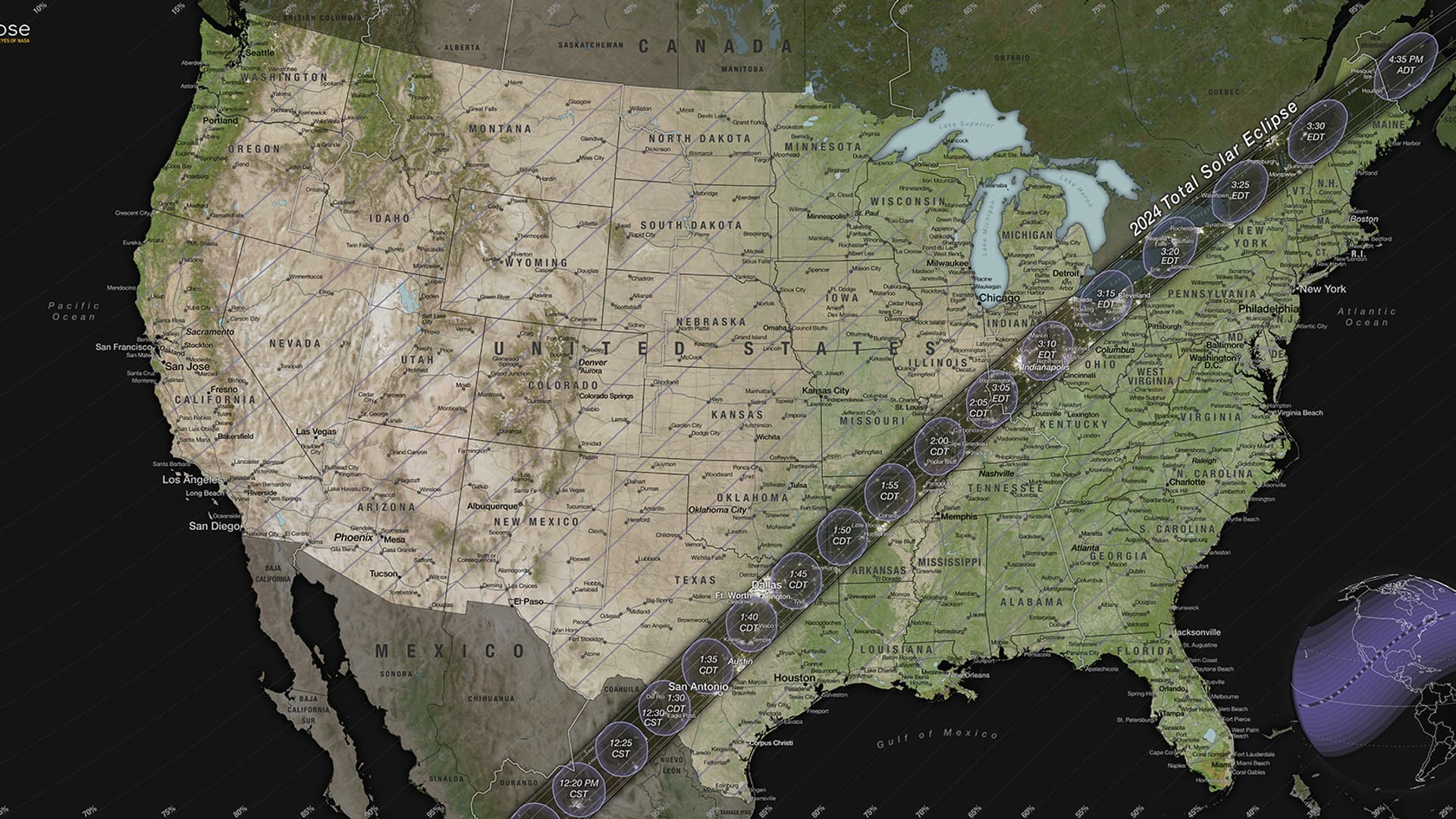 En gris, la trajectoire sur laquelle l'éclipse totale sera visible en Amérique du Nord, le 8 avril 2024. 