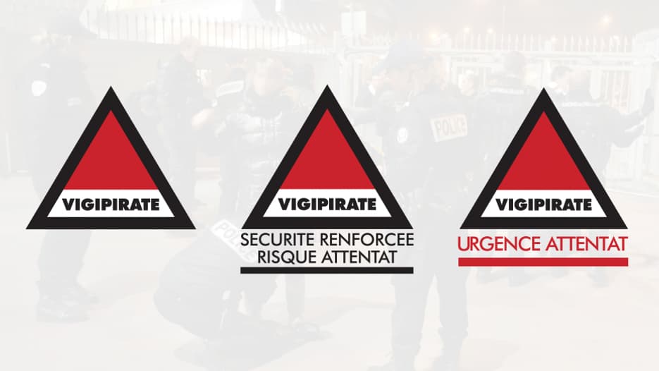Les trois niveaux du plan Vigipirate. Les trois niveaux du plan Vigipirate.
