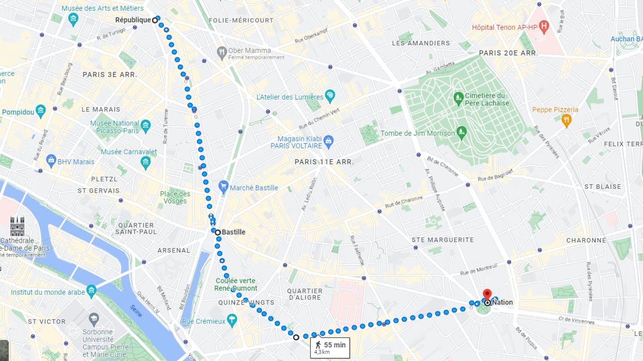 Le parcours de la manifestation parisienne le 11 mars 2023