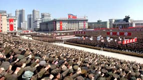 Photo diffusée par l'agence de presse officielle nord-coréenne. Rassemblement sur la place Kim Il-Sung, en soutien à Kim Jong-Un.