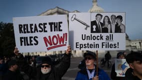 Des manifestants demandent la publication du dossier Epstein, devant le Congrès à Washington D.C., le 18 novembre 2025