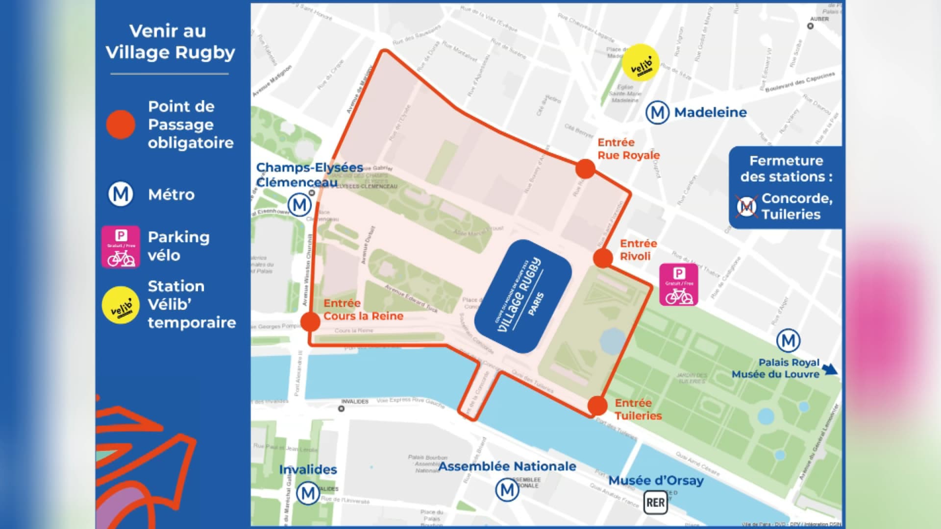 Le périmètre de sécurité établi autour du village rugby de la Concorde à Paris, lors de la Coupe du monde de rugby en France du 8 septembre au 28 octobre 2023. Le périmètre de sécurité établi autour du village rugby de la Concorde à Paris, lors de la Coupe du monde de rugby en France du 8 septembre au 28 octobre 2023.