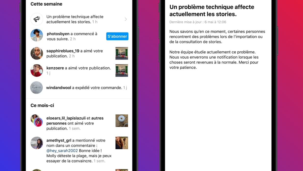 La nouvelle notification affichée par Instagram en cas de panne La nouvelle notification affichée par Instagram en cas de panne