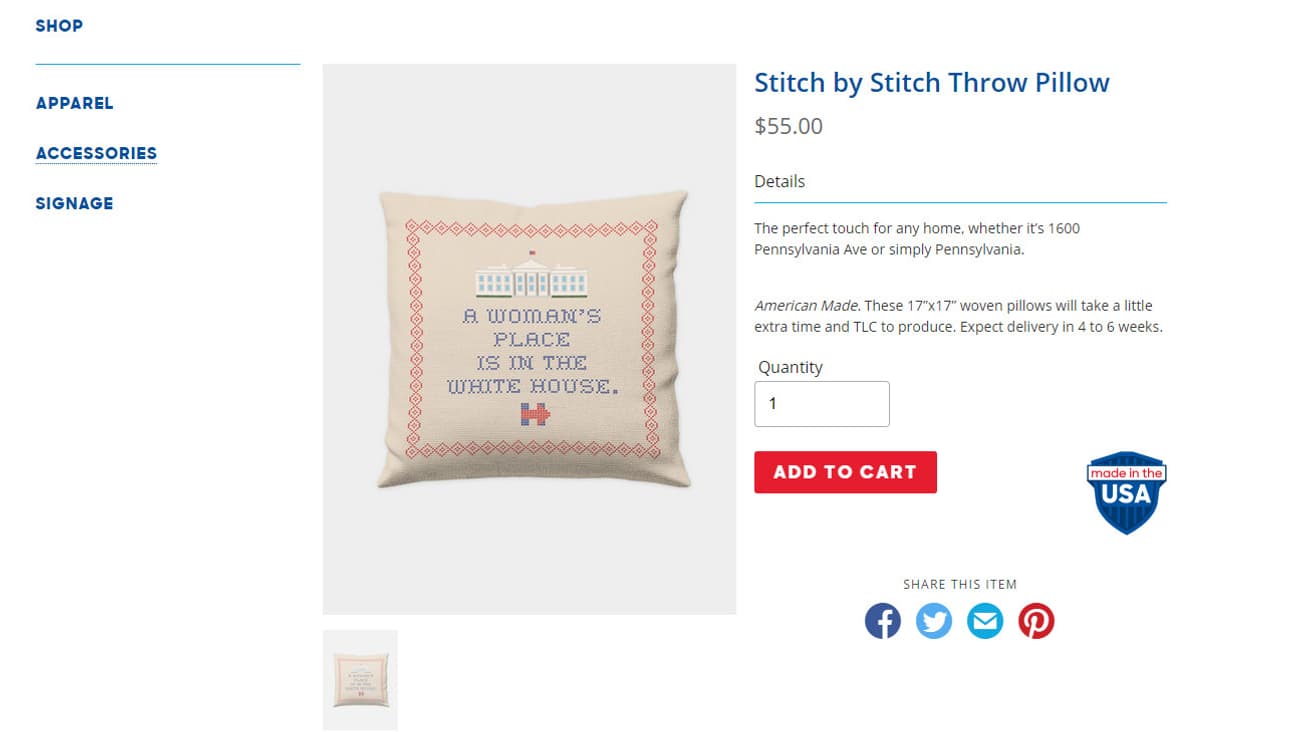 Ce coussin brodé au point de croix est vendu sur le site d'Hillary Clinton.