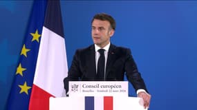 Emmanuel Macron lors d'une conférence de presse à l'issue d'un Conseil européen, à Bruxelles, le 22 mars 2024.