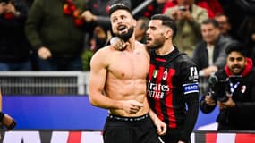 Olivier Giroud avec Théo Hernandez lors de la victoire de l'AC Milan, le 5 novembre 2022
