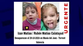 Izan, 5 ans, et Ruben, 3 ans, sont portés disparus depuis le 29 octobre 2024 à Torrent, en Espagne, après les inondations qui ont ravagé la région de Valence.