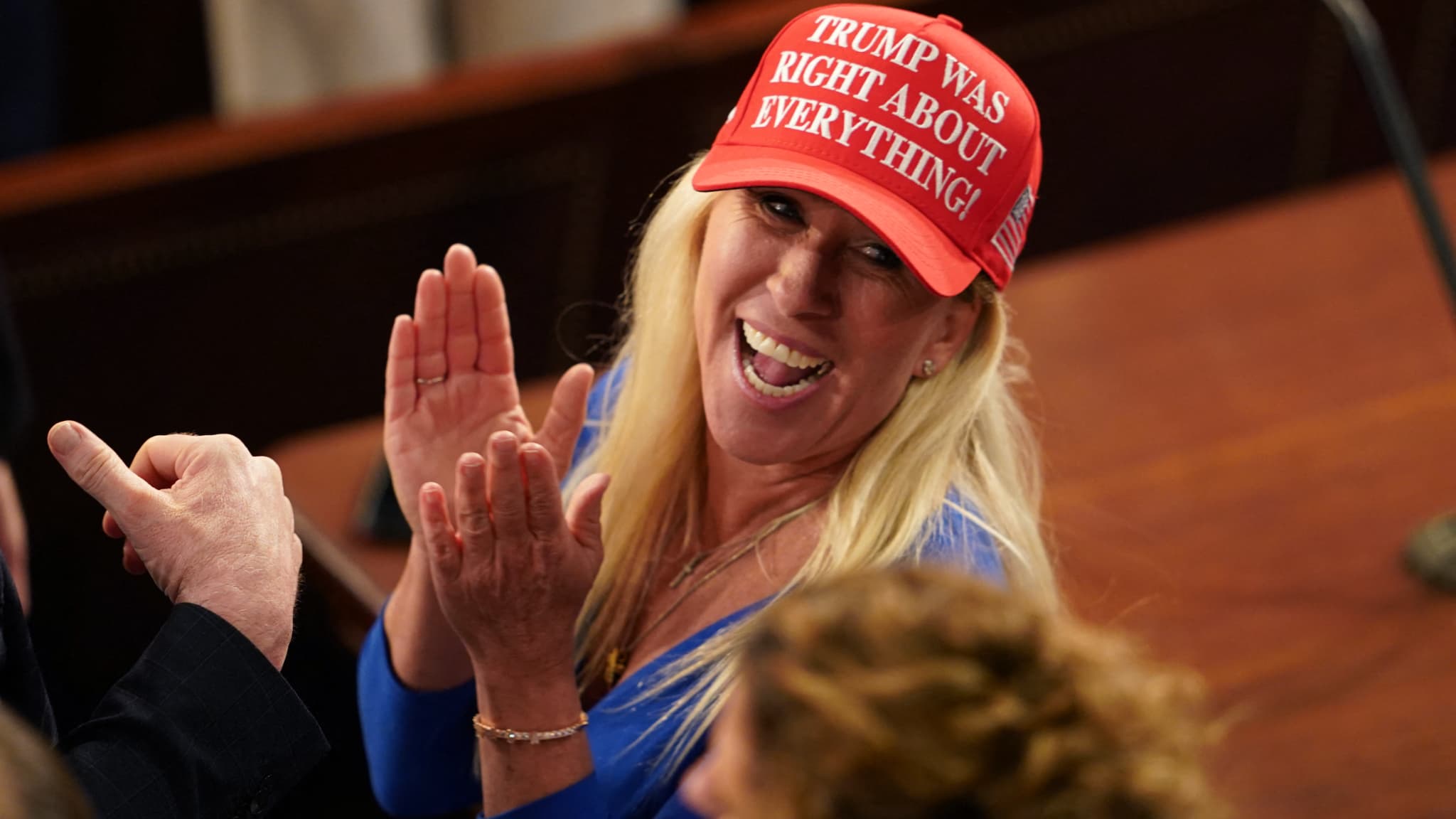 La représentante américaine Marjorie Taylor-Greene lors d'une session conjointe du Congrès au Capitole américain à Washington, DC, le 4 mars 2025. La représentante américaine Marjorie Taylor-Greene lors d'une session conjointe du Congrès au Capitole américain à Washington, DC, le 4 mars 2025.