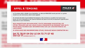 Le 15 octobre dernier, une Mercedes a percuté un cycliste au niveau du cours Gambetta à Lyon. Un appel à témoins a été lancé.