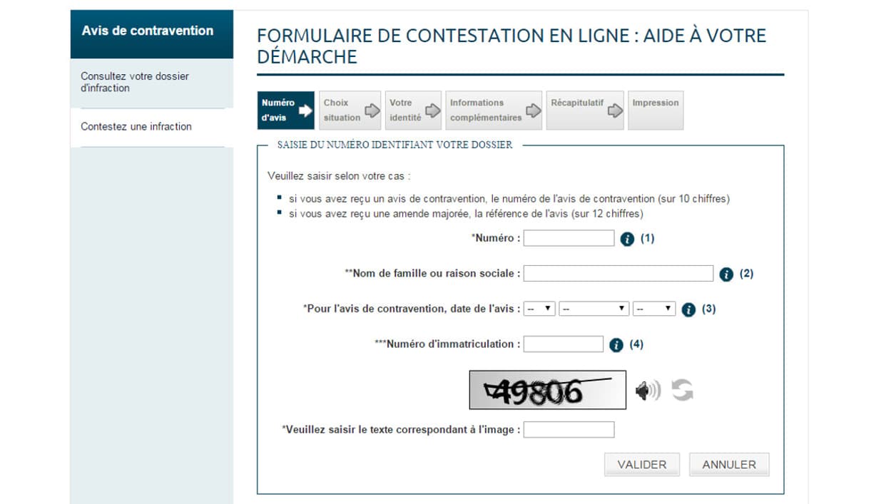 Formulaire de contestation en ligne sur le site de l'Agence nationale de traitement automatisé des infractions (Antai).