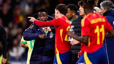 Vinicius s'embrouille avec le banc espagnol lors du match amical Brésil-Espagne (3-3), le 26 mars 2024