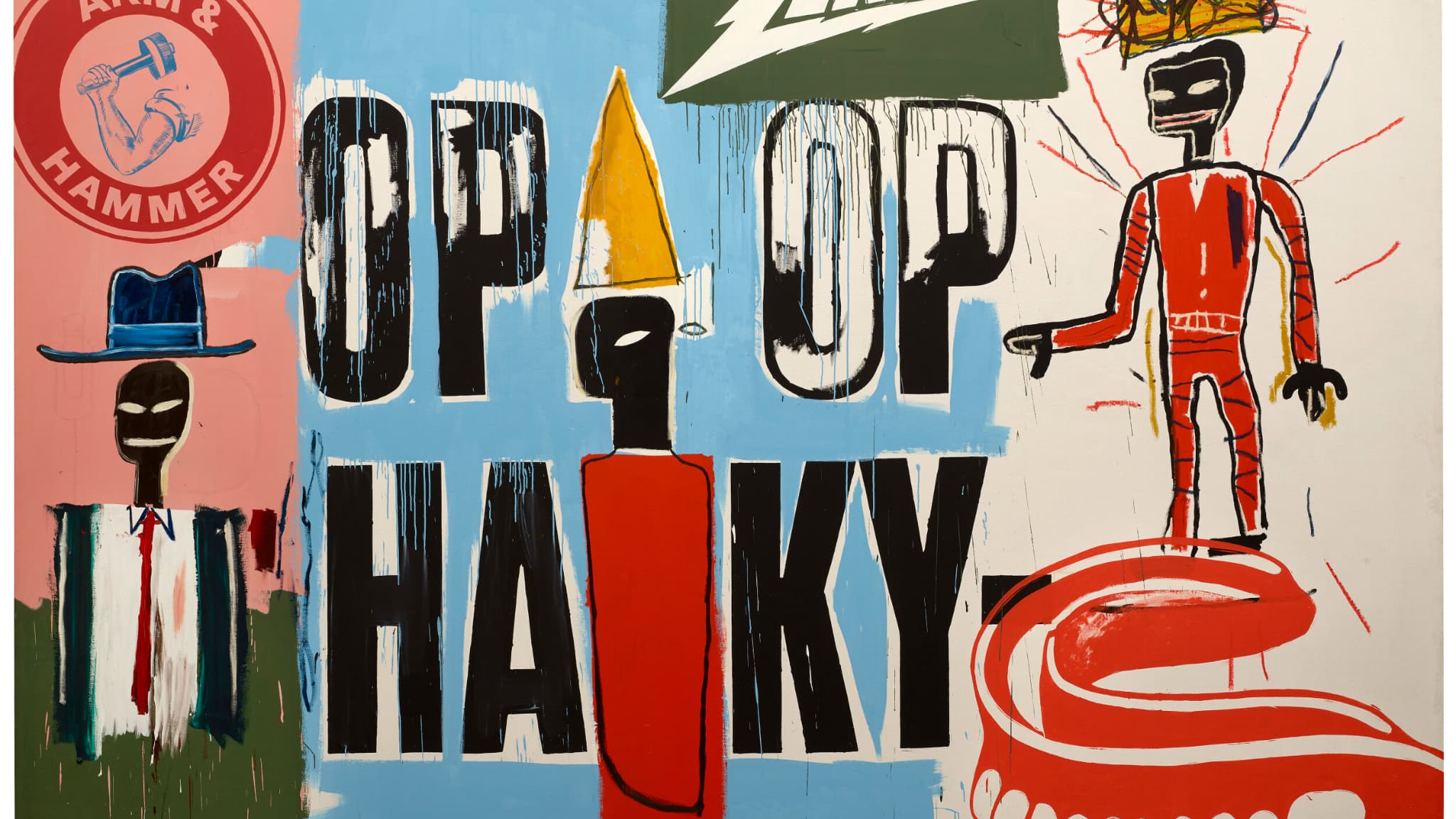 Une œuvre de Jean-Michel Basquiat et Andy Warhol, "OP OP" réalisée en 1984 et présentée à l'occasion de l'exposition "Basquiat x Warhol : A quatre mains" à la Fondation Louis Vuitton du 5 avril au 28 août. Une œuvre de Jean-Michel Basquiat et Andy Warhol, "OP OP" réalisée en 1984 et présentée à l'occasion de l'exposition "Basquiat x Warhol : A quatre mains" à la Fondation Louis Vuitton du 5 avril au 28 août.