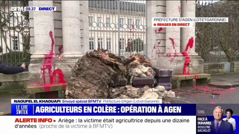 Des agriculteurs en colère déversent des déchets devant la préfecture d'Agen