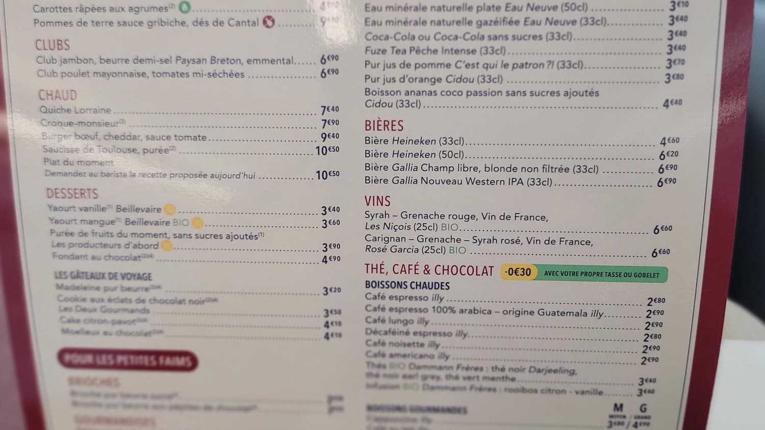 La carte de la voiture Bistro du TGV M