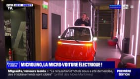 L'équipe de Première édition teste la Microlino, une mini-voiture électrique, dans les couloirs de BFMTV 