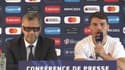 Fabien Galthié et Antoine Dupont lors de la conférence de presse organisée pour annoncer la composition du XV de France face aux All Blacks pour le match d'ouverture de la Coupe du monde de rugby