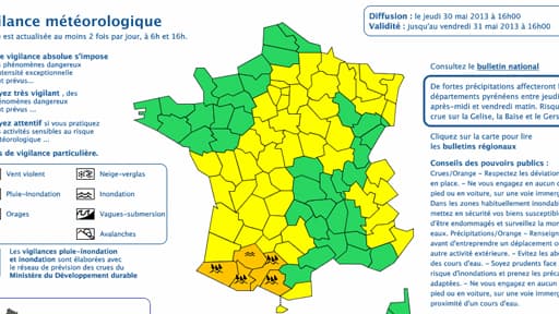 Cinq départements sont placés en vigilance orange jeudi en raison de risques de pluies, d'inondations et de crues.
