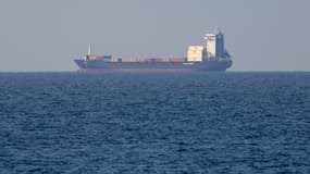 Le porte-conteneurs Moliva, battant pavillon turc, est ancré à Durrës à environ un kilomètre du port, le 28 octobre 2024.