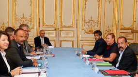 Edouard Philippe et Agnès Buzyn face à Philippe Martinez, secrétaire général de la CGT, à Matignon ,le 6 septembre 2019.