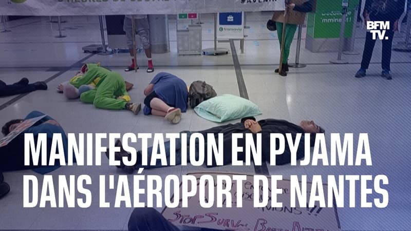 Des riverains en pyjama manifestent à l'aéroport de Nantes contre les nuisances du trafic aérien