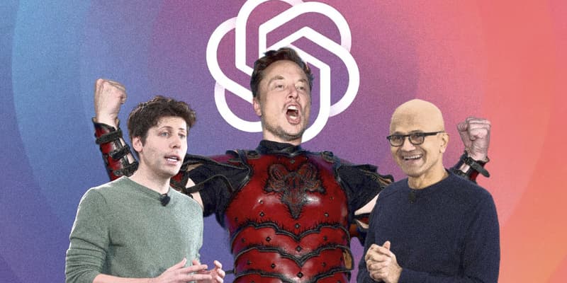 Sam Altman, Elon Musk, Satya Nadella (de gauche à droite): trois des principaux visages de l'histoire d'OpenAI