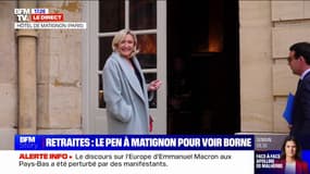 Marine Le Pen arrive à l'hôtel de Matignon pour s'entretenir avec Élisabeth Borne