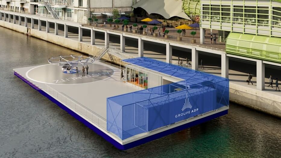 Le vertiport d'Austerlitz sur le quai d'Austerlitz dans le 13e arrondissement de Paris voulu par le groupe ADP. Le vertiport d'Austerlitz sur le quai d'Austerlitz dans le 13e arrondissement de Paris voulu par le groupe ADP.