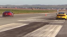 Sur courte distance, pas de surprise, la Ferrari F12 Berlinetta fait le boulot et bat la Shelby GT350.