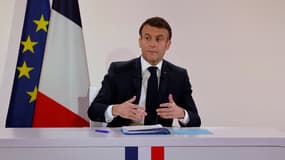 Le président de la République Emmanuel Macron lors d'une conférence de presse, le 16 janvier 2024.