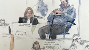 Croquis d'audience montrant Dominique Pelicot (en haut à droite), à l'encontre de qui le parquet a requis la peine maximale de 20 ans de réclusion criminelle, lors de son procès au palais de justice d'Avignon (Vaucluse), le 25 novembre 2024