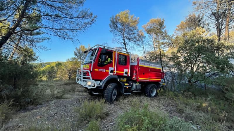 Les sapeurs-pompiers des Bouches-du-Rhône interviennent sur un départ de feu de végétation dans la commune de Meyreuil.