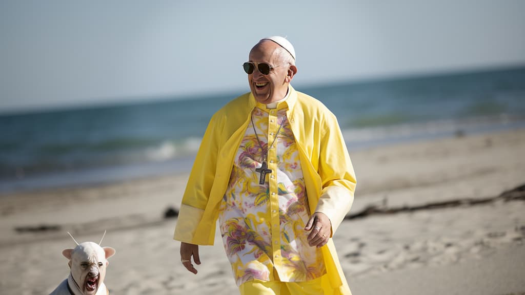 En demandant une image du Pape sur la plage avec un chien, voici ce que propose l'intelligence artificielle Midjourney