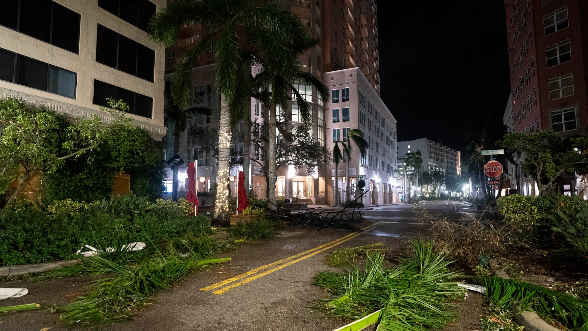 Des arbres arrachés tombés sur la chaussée, après le passage de l'ouragan Milton, à Sarasota, en Floride, le 10 octobre 2024