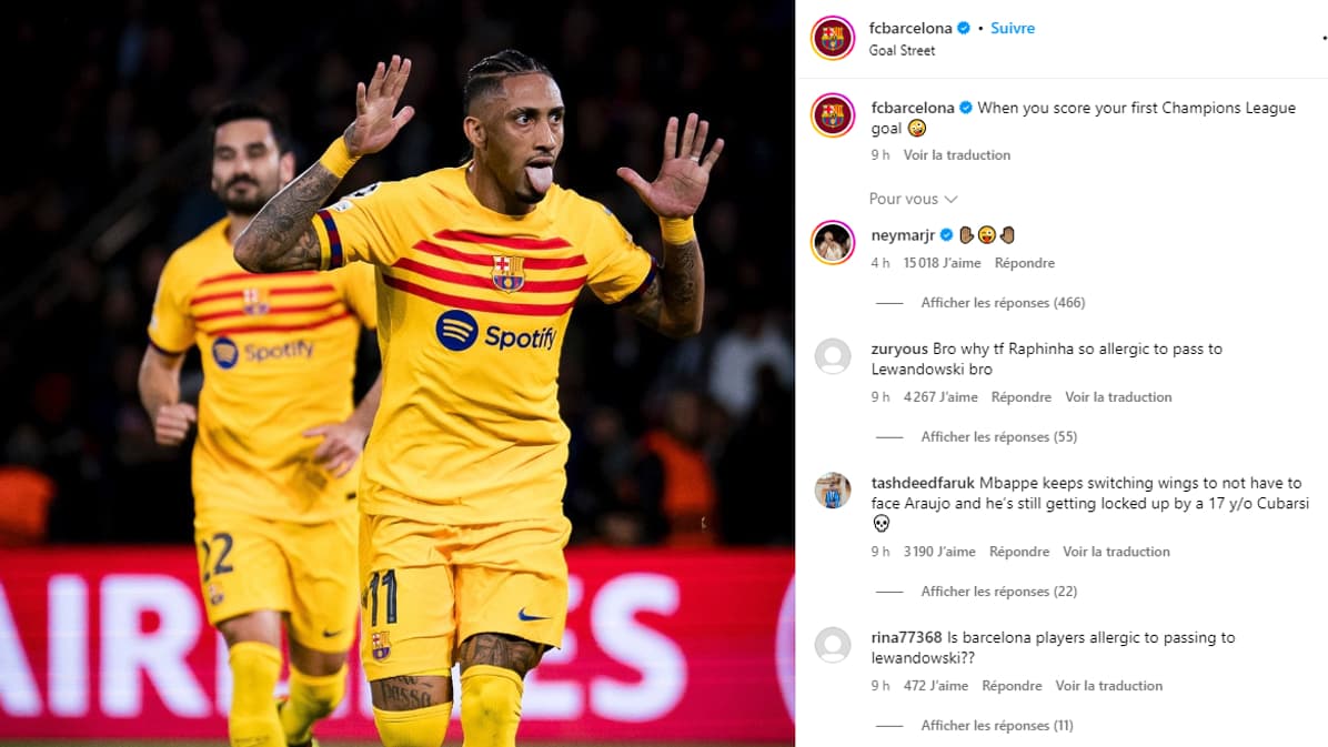Le message de Neymar pour Raphinha après PSG-Barça (2-3, Ligue des champions), le 10 avril 2024