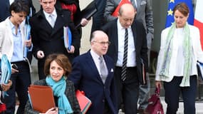 Une sortie de Conseil des ministres en 2015. On aperçoit notamment Manuel Valls, Marisol Touraine, Najat Vallaud-Belkacem et Jean-Yves Le Drian