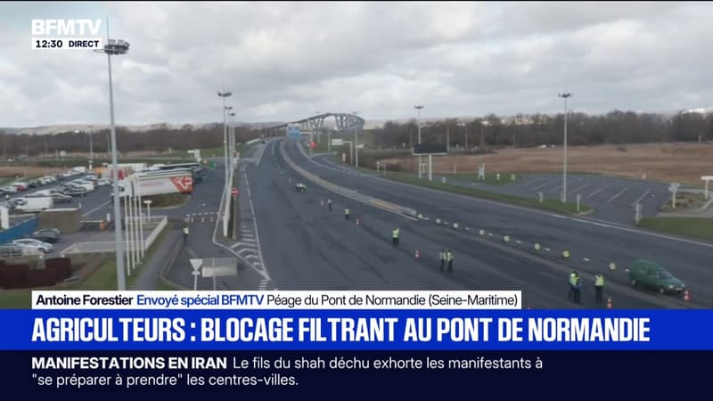 Colère des agriculteurs: un blocage filtrant sur le pont de Normandie, en Seine-Maritime