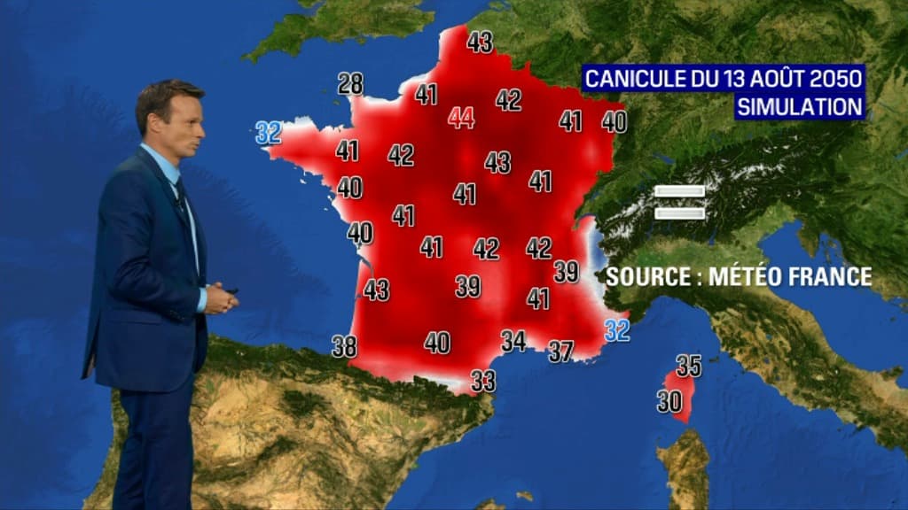 Les températures en France, en 2050, lors d'une vague de chaleur.