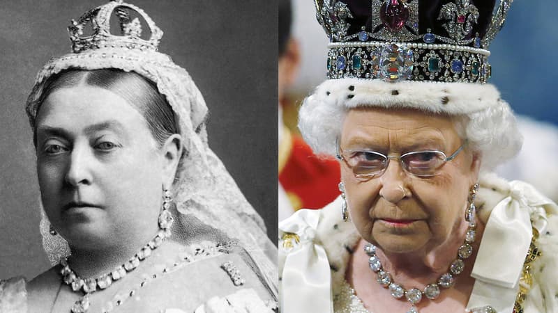 La reine Victoria en 1882 et la reine Elizabeth en 2015.