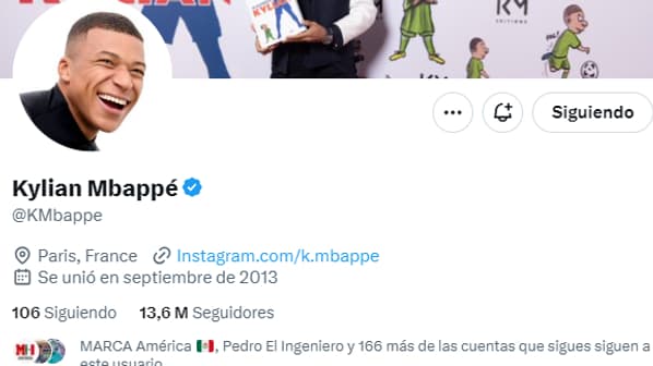 La bio de Kylian Mbappé sur X.