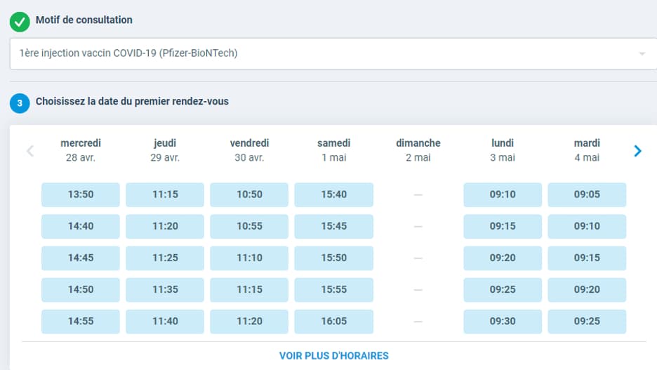 Les créneaux de vaccination disponibles le 28 avril 2021 au matin pour le centre de vaccination du stade de France, à Saint-Denis (Seine-Saint-Denis).